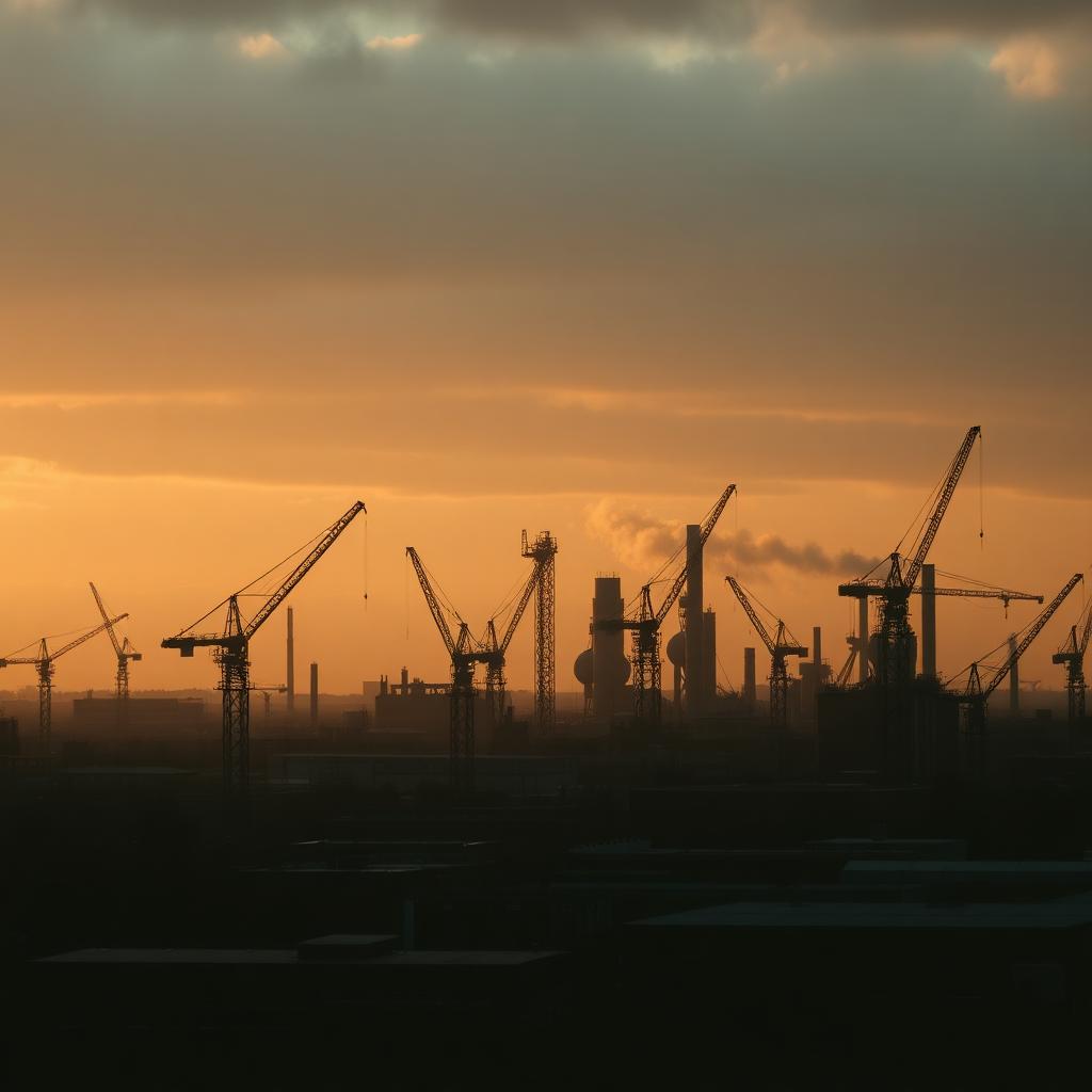Belgische industriële skyline bij zonsondergang met kranen en fabrieken