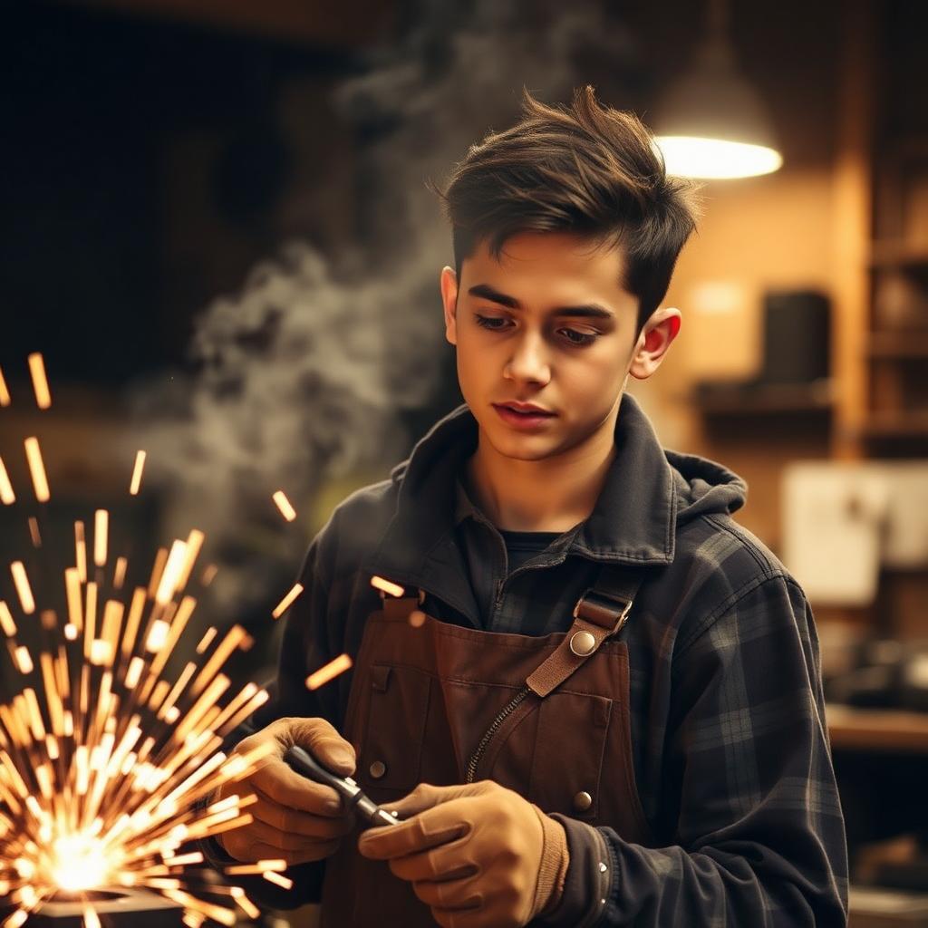 Jonge lasser aan het werk in atelier, vonken vliegen